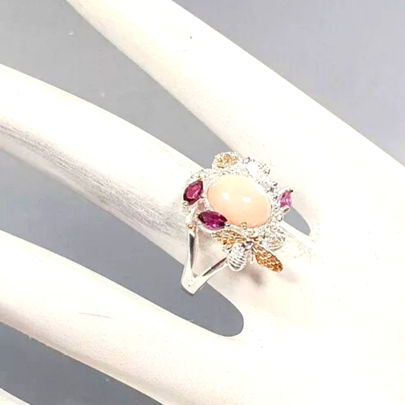 Gorgeous pink Opal & Pink Rhodolite Sapphires bumble bee sterling ring sz8.5 - Picture 1 of 10